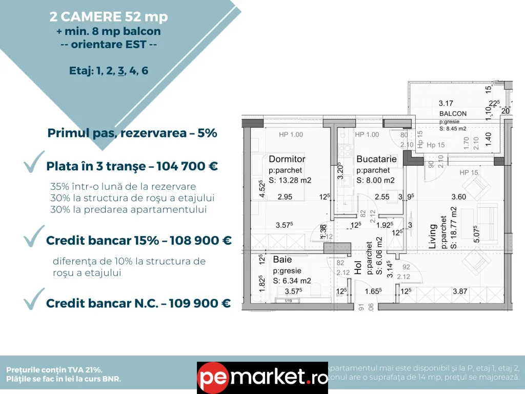 Apartament 2 camere – 52 mp + balcon 8 mp | Orientare EST | Etaje disponibile: 1, 2, 3, 4, 6 - pemarket.ro