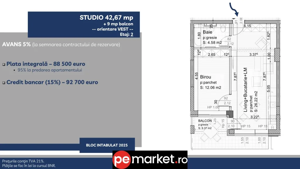 Studio 42,67 mp + 9 mp balcon – Brașov, Tractorul - pemarket.ro