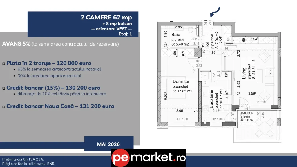 Apartament 2 camere – 62 mp + 8 mp balcon – Brașov, Tractorul - pemarket.ro