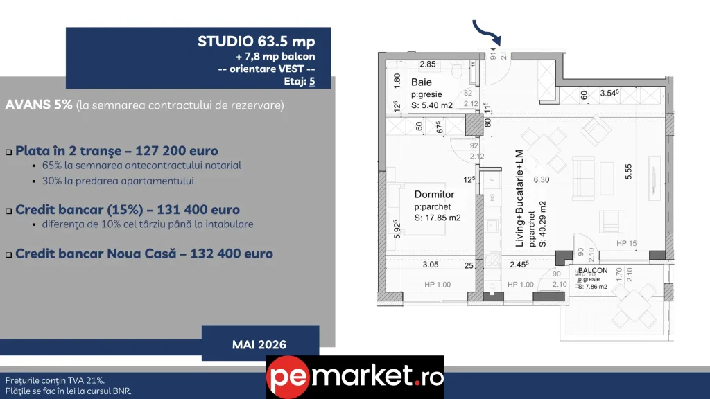Apartament 2 camere, 63,5 mp + 7,8 mp balcon – Brașov, Tractorul - pemarket.ro