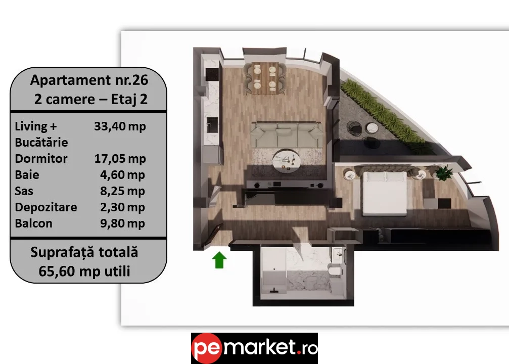 Vânzare apartament 2 camere | Etaj 2 | 64,68 m² utili | Brașov - pemarket.ro