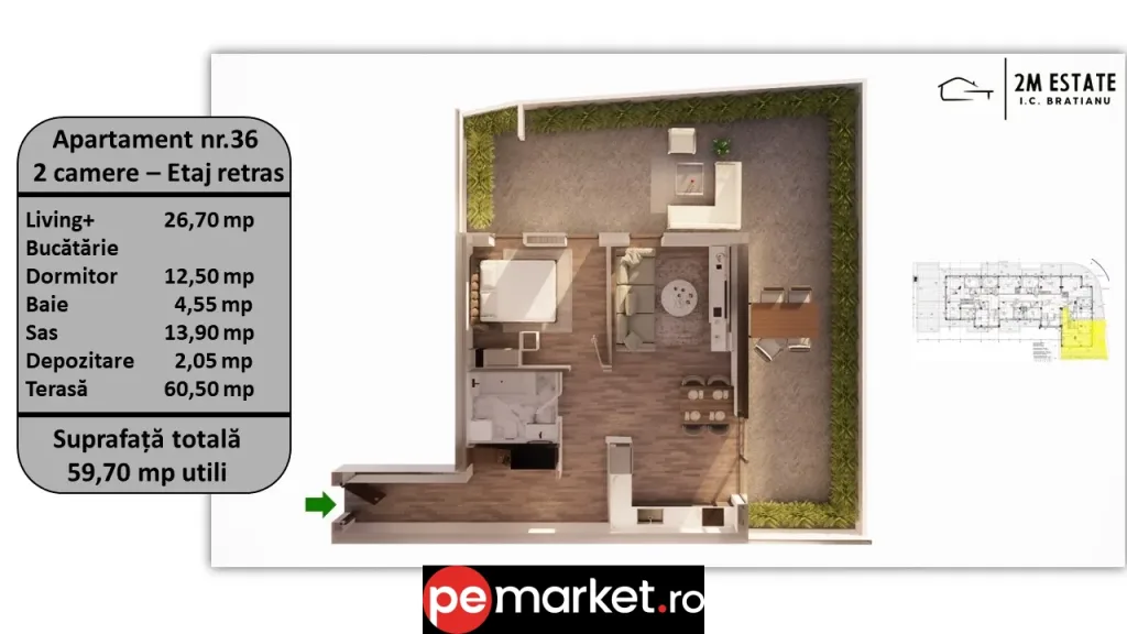 Vânzare apartament 2 camere | Etaj 3 | 58,49 m² utili + terasă 57,84 m² | Brașov - pemarket.ro