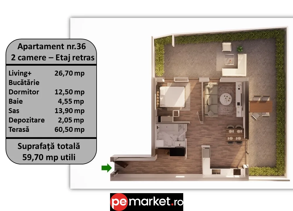 Vânzare apartament 2 camere | Etaj 3 | 58,49 m² utili + terasă 57,84 m² | Brașov - pemarket.ro